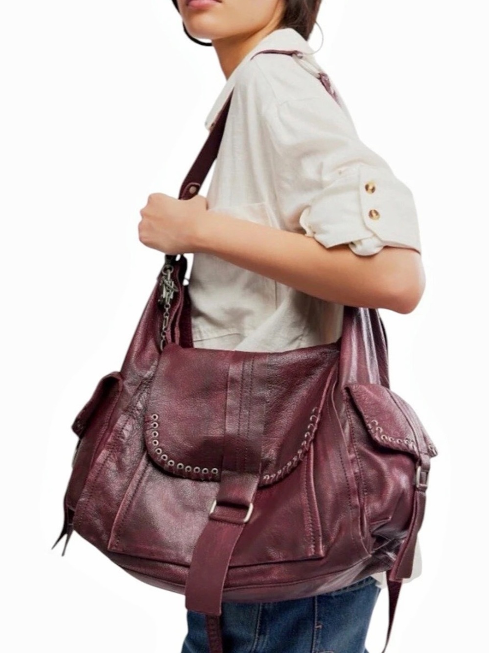 Free People/We The Free Leigh Distressed Hobo Bag In Blackberry. NWT